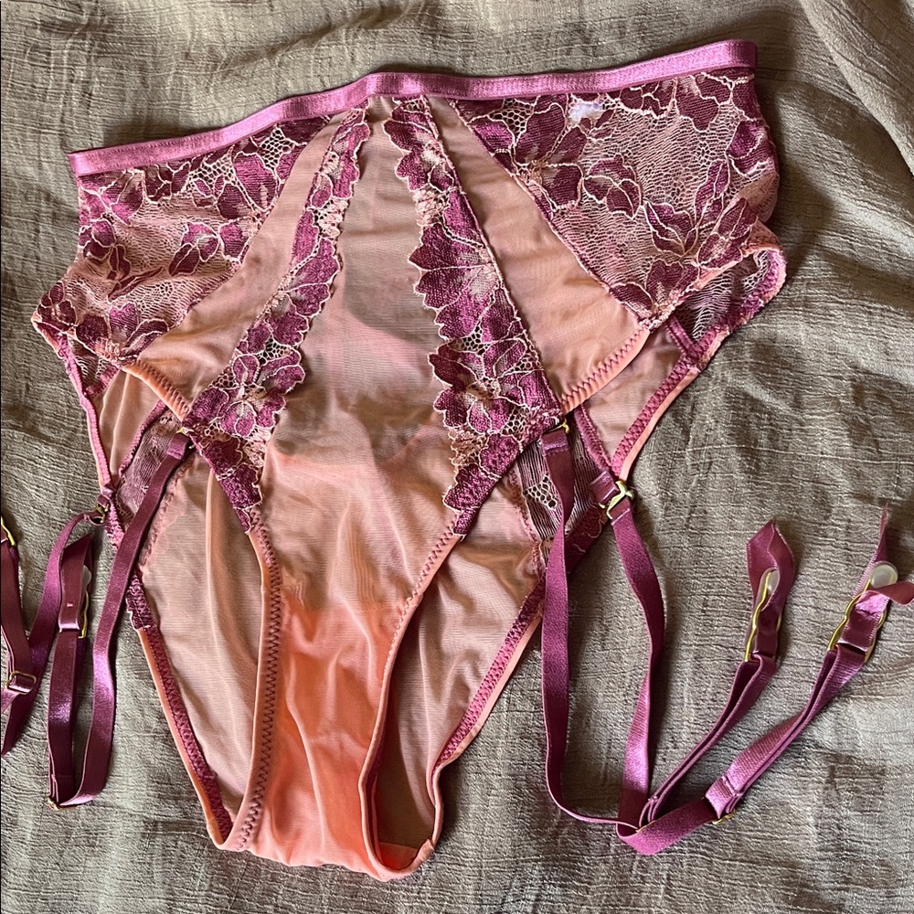Mentionables High-Waisted Panty with Garter Straps and Floral Lace